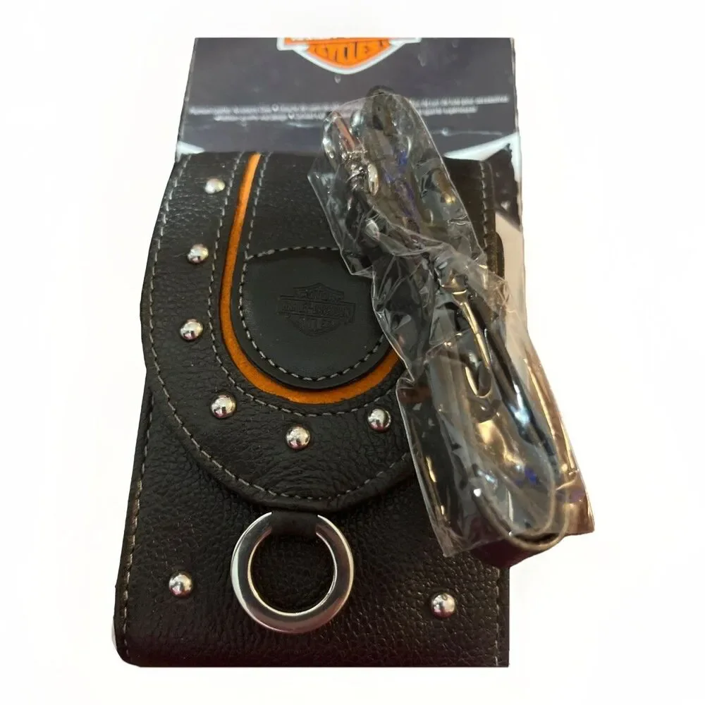 Harley Davidson Leather Belt Pouch Case Studded Black Orange NOS Wrist Strap